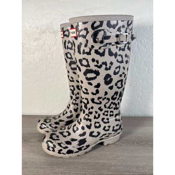 Hunter Original Leopard Print Refined Tall Waterproof Rain Boots Size 5.5 Gray - Picture 1 of 7